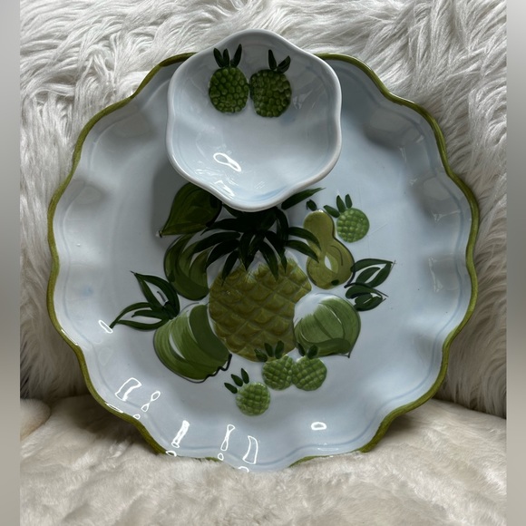 Los Angeles Potteries Serving Platter Attached Dip Bowl Green Fruit Vintage '67 - Picture 1 of 4